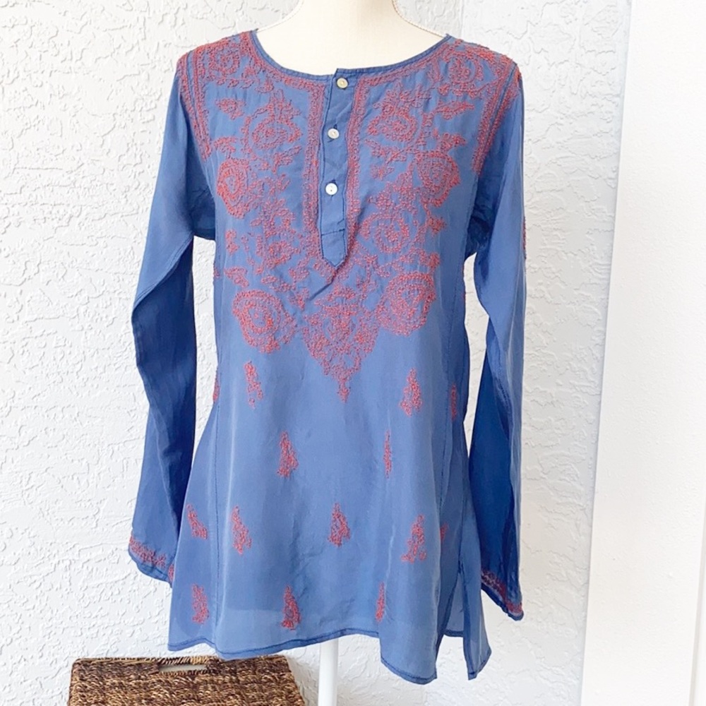 Subtle luxury silk blue boho blouse